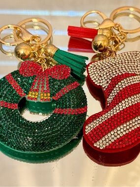 Holiday Crystal Wreath and Stocking Keychain Set - Green & Red